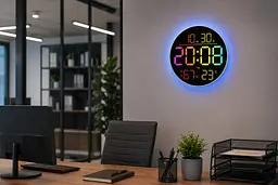 Годинник настінний 6695R / Настінний годинник круглі RGB з пультом / Календар, температура, вологість - мініатюра 3