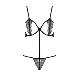 Комплект білизни Passion Exclusive QUENTRIS BIKINI S/M, black, стрінги і напіввідкритий ліф - мініатюра 5