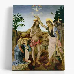 Інтер'єрна картина Хрещення Христа, Андреа дель Верроккйо, Andrea del Verrocchio, Baptism of Christ, релігійний декор, 60×50 см (id6959)