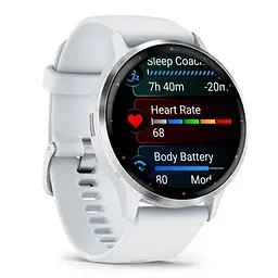 Смарт-часи Garmin Venu 3 зі сріблястим сталевим безелем та силіконовим білим ремінцем
