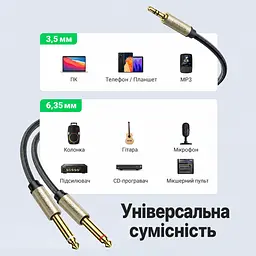 Y-подібний стереокабель-розгалужувач UGREEN AV126 довжина кабелю 1 м від стереовиходу 3,5 мм TRS до двох моно входів 6,35 мм Y-відгалуження по 23 см нейлонове обплетення кабелю (10613) - мініатюра 4