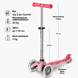Самокат MICRO серії "Mini Deluxe Glow LED" – МОРОЗНИЙ РОЖЕВИЙ (до 50 kg, 3-х колісний, світло) Micro MMD217 - мініатюра 9
