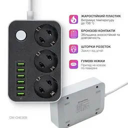 Мережевий фільтр живлення ColorWay CW-CHЕ36B, 3 розетки/6USB Black 1.8M (CW-CHE36B) - мініатюра 8