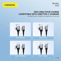 Кабель Foneng X92 4-in-1 (60W) USB/USB-C - USB-C/Lightning (M/M), 1 м, Black (X92-CA-FIO) - мініатюра 4