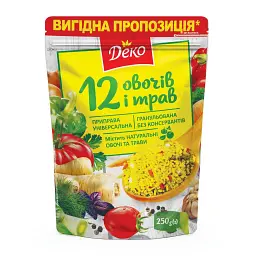 Характеристики Деко Приправа універсальна гранульована 12 овочів і трав 250 г
