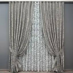 Комплект штор з тюлем VR-Textil Жакард, сірий з білим, 2 штори 200×270 см + тюль 600×270 см, арт. 71-098/7