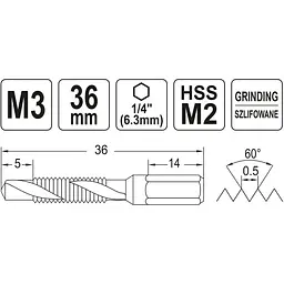 Свердло-мітчик Yato М3х0.5 мм HSS М2 HEX-1/4 l=36/5 мм (YT-44840) - мініатюра 3