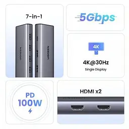 Порт-реплікатор Ugreen Dock CM498 USB 3.0 Type-C - 1хUSB-A 3.0/3хUSB-A 2.0/2xHDMI 4K 30Гц PD (35897) - мініатюра 4