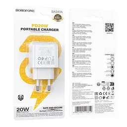 Мережевий зарядний пристрій Borofone BAS43A Type-C PD/QC 20W 100-240V AC 50/60Hz 0.6A White (35134_3345025) - мініатюра 3
