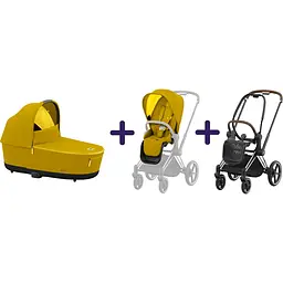 Люлька Cybex Priam Lux Mustard Yellow + Комплект текстилю для прогулянкового блоку Cybex Priam Mustard Yellow + Шасі Cybex Priam з каркасом LS RBA Chrome Brown