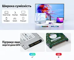 Кабель-адаптер для накопичувачів UGREEN CM321 0,5 м USB-C 3.1 Gen 1 до SATA 3.0 7+15 pin лише для HDD та SSD 2,5″ передавання до 5 Гбіт/с без додаткового живлення з UASP з TRIM з діагностикою S.M.A.R.T. з автоматичним режимом сну для Windows macOS Linux та Chrome OS без встановлення драйверів чорний (70610) - мініатюра 4