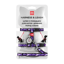 Шлея з повідцем для котів Waudog Nylon із QR-паспортом, малюнок Фіолетовий камо, пластиковий фастекс, XS, Ш 10 мм, В 25-40 см, С 20-30 см