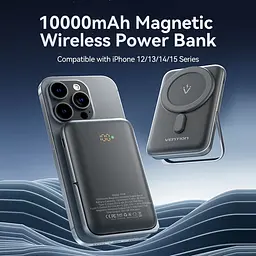Універсальна мобільна батарея Vention Magnetic Wireless 10000mAh 20W PD USB-C In/Out, QI-15W Чорний - мініатюра 4