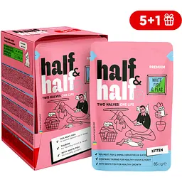 Набір вологих кормів 5+1 Half & Half з білою рибою та горохом в желе для кошенят 6 шт. х 85 г