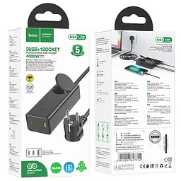 Мережевий зарядний пристрій подовжувач Hoco NS4 USB/2 Type-C PD 65W чорний - мініатюра 8