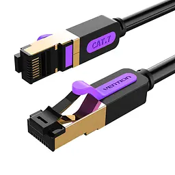 Патч-корд Ethernet Vention 1,5 м LAN-кабель штекери RJ45 8P8C на обох кінцях для з’єднання двох мережевих портів Cat.7 10 Гбіт/с за умови підтримки такої швидкості обома портами екранування фольгою та металевим обплетенням багатодротяні мідні жили для гнучкого укладання смуга пропускання 600 МГц чорний із фіолетовими та золотистими акцентами (ICDBG)