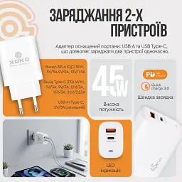 Зарядний пристрій XoKo 1xUSB-C PD45W + 1xUSB QC3.0 GaN white (XK-QC-450) - мініатюра 10