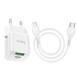 Адаптер живлення блок HOCO N20 Prestige з кабелем Type-C to Lightning 2 порти 20W білий - мініатюра 2