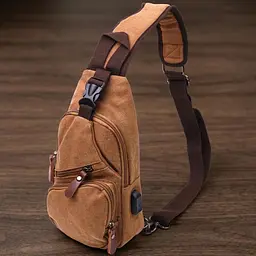 Практична чоловіча сумка через плече з USB кабелем текстильна 21222 Vintage коричнева