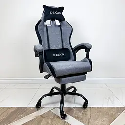 Геймерське крісло DEXON ORION X з підставкою для ніг, з тканини+подушки велюр, металева хрестовина, Темно-Сірий - мініатюра 2
