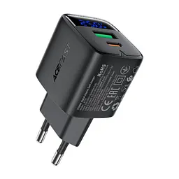 Зарядний пристрій Acefast 1xUSB-C + 1xUSB 25W GaN with digital display black (6974316284437)