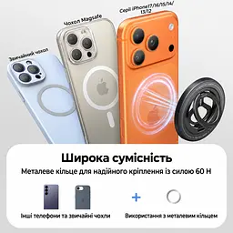 Магнітний тримач-кільце з підставкою для телефона UGREEN LP1022 двостороннє магнітне кріплення до пристрою та сталевих поверхонь сумісний із MagSafe з металевим кільцем для телефонів і чохлів без MagSafe обертання 360° та регульований нахил знімна конструкція сила зчеплення 60 Н із металевим кільцем чорний і темно-сірий із білим маркуванням (65301) - мініатюра 2
