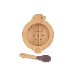 Дитяча бамбукова тарілка Miniland Wooden Bowl Chick, на присосці, з ложкою, коричневий