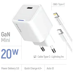 Зарядний пристрій ColorWay C101D GaN Mini 20W PD PPS USB-C + cable USB-C to Lightning white (CW-CHS059PDL-WT) - мініатюра 7