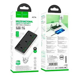 Мережевий фільтр-подовжувач HOCO AC7-A 3 розетки + 3 USB + USB-C, 17 Вт, 220 В, кабель 1,5 м, чорно-білий - мініатюра 3