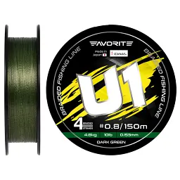 Шнур Favorite U1 PE 4x 150 м (dark green) 0.8/0.153 мм 10 lb/4.8 кг