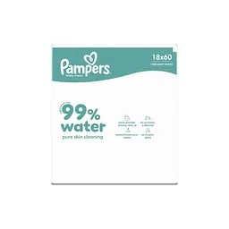Дитячі вологі серветки Pampers 99 Water 60 шт х 18 пачок (1080 шт) (8006530116374) - мініатюра 2