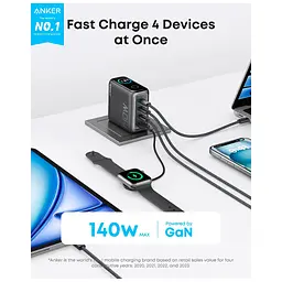 Зарядний пристрій Anker для ноутбука GaN 140 Вт 3xUSB-C PD 3.1 + USB-A + дисплей + кабель чорний (B2697GZ1) - мініатюра 3
