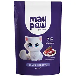 Повнораціонний корм для дорослих котів MAU PAW Шматочки в соусі з яловичиною та печінкою 2.4 кг (24 шт. х 100 г) - мініатюра 2