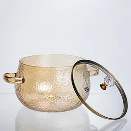 Каструля скляна Yiwu HP-34-104 2.5 л, 16 см, жароміцна для плити, боросилікатне скло, бежева - мініатюра 4