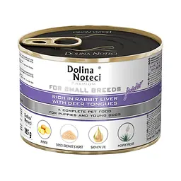 Вологий корм для цуценят,юніорів собак маленьких порід Dolina Noteci Premium з печінкою кролика та язиком оленя 185 г