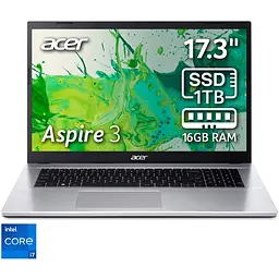 Ноутбук Acer Aspire 3 A317-54-78BK з процесором Intel Core i7-1255U pana la 4.7GHz, 17.3”, Full HD, 16GB DDR4, 1TB SSD, Intel Iris X графікою, No OS, Pure сріблястий