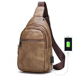 Чоловіча сумка-слінг через плече, коричнева з еко шкіри з USB бананка Jasper Джаспер