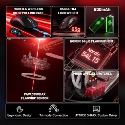 Бездротова миша ATTACK SHARK X8 Ultimate 42000 DPI PAW3950MAX,8K Sensor,Nordic 54L15 Чорна - мініатюра 2
