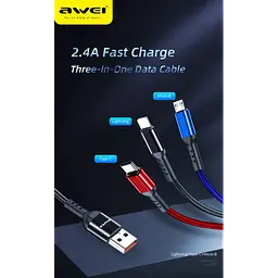 Кабель для заряджання телефонів AWEI CL 971 3 в 1 USB to Type-C+Lightning+MicroUSB 2,4A - мініатюра 2
