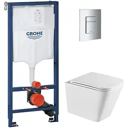 Комплект Grohe Set унітаз Quadro-0301-T3 + Інсталяція 38536001 + панель 38732000 38536001QUADRO0301T3, Білий