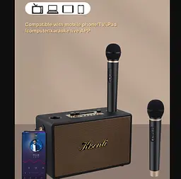 Портативна колонка Kisonli G101 ретро для караоке Bluetooth 2400 mAh 30 Вт 2 микрофона Brown - мініатюра 4