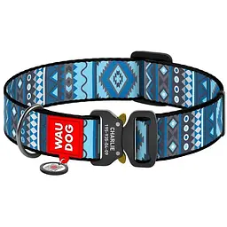 Нашийник для собак Waudog Nylon Етно синій, з QR паспортом, металева пряжка-фастекс, XXL, 43-70х3,5 см