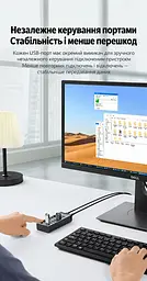 USB-хаб із заряджанням UGREEN CM481 до USB-A комп’ютера через вхід USB-C 7 портів USB-A 3.0 до 5 Гбіт/с BC 1.2 на портах 4–7 сумарно 5 В до 3,5 А живлення DC від комплектного адаптера окремі вимикачі й індикатори портів захист від зворотного й надмірного струму та короткого замикання Windows Mac OS Linux без драйверів сумісний зі старішою USB-периферією знімний кабель USB-A ↔ USB-C 1 м у комплекті алюмінієвий корпус сірий із чорними торцями (90307) - мініатюра 4