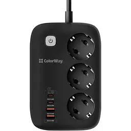 Фільтр мережевий ColorWay GaN3 Pro, 3 розетки, 2 м, чорний, 2xUSB (60 Вт, QC3.0), 2xType-C (65 Вт, PD3.0), дріт з міді (до 3250