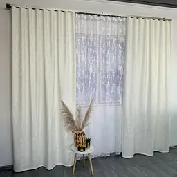 Мармурові жакардові штори молочного кольору 2шт. 150х270 з білим жакардовим тюлем 400х270, на тасьмі ALBO pbe0052579