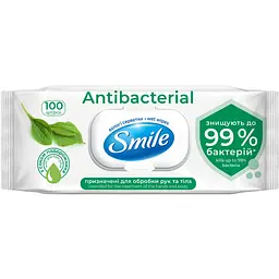 Вологі серветки Smile Antibacterial, з подорожником, 100 шт.