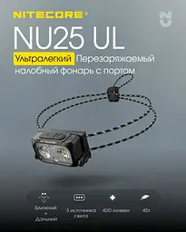 Налобний легкий ліхтарик Nitecore NU25 UL New з білим та червоним світлом (Чорний) - мініатюра 6