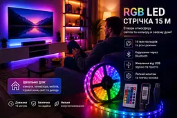 Гнучка світлодіодна стрічка RGB USB 15 м / Стрічка на USB на монітор, меблі + пульт / LED стрічка від павербанку - мініатюра 3