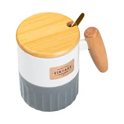Чашка керамічна Happy Life Vintage з бамбуковою кришкою і сіра ложкою з білим 400 мл HP7204G - мініатюра 3