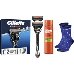 Уцінка. Подарунковий набір Gillette Fusion 5: станок для гоління чоловічий Proglide Flexball з 2 змінними картриджами + гель для гоління для чутливої шкіри 200 мл + шкарпетки
